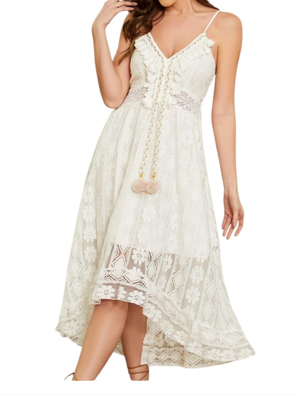 Boho Lace High Low Midi Dress Ivory Cottagecore Tassel Detail Size Medium